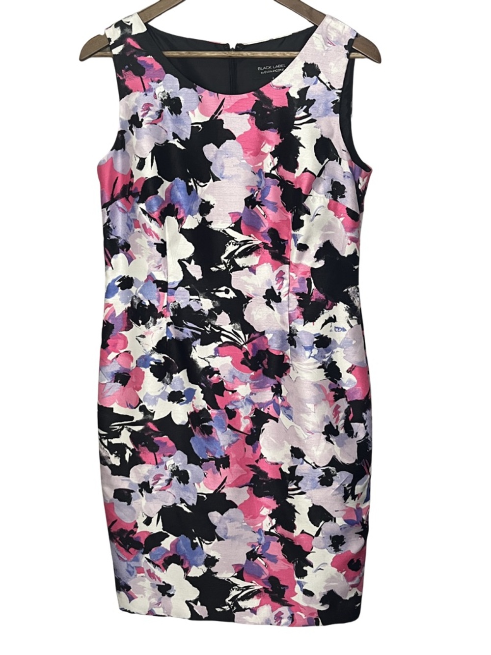 Black Label Size 8 Sleeveless Floral Midi Sheath Dress in Pink, Black & White